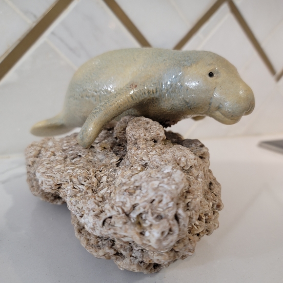 Ceramic manatee on a shell rock. This plus size mermaid is cute beach decor! - Picture 3 of 12
